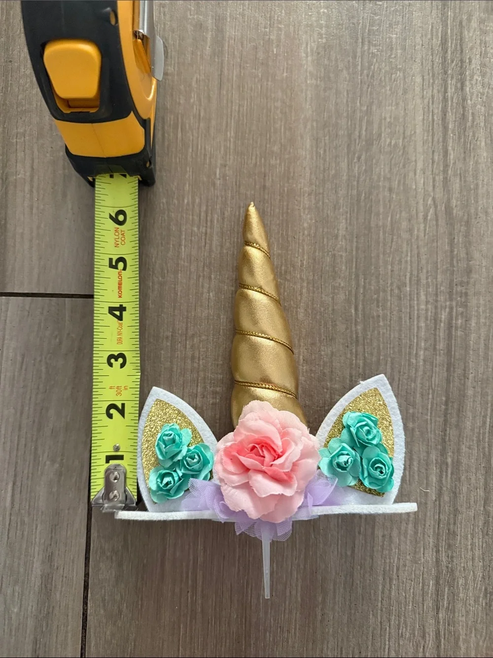 Gold Unicorn Horn Cake Topper with Pink and Teal Flowers